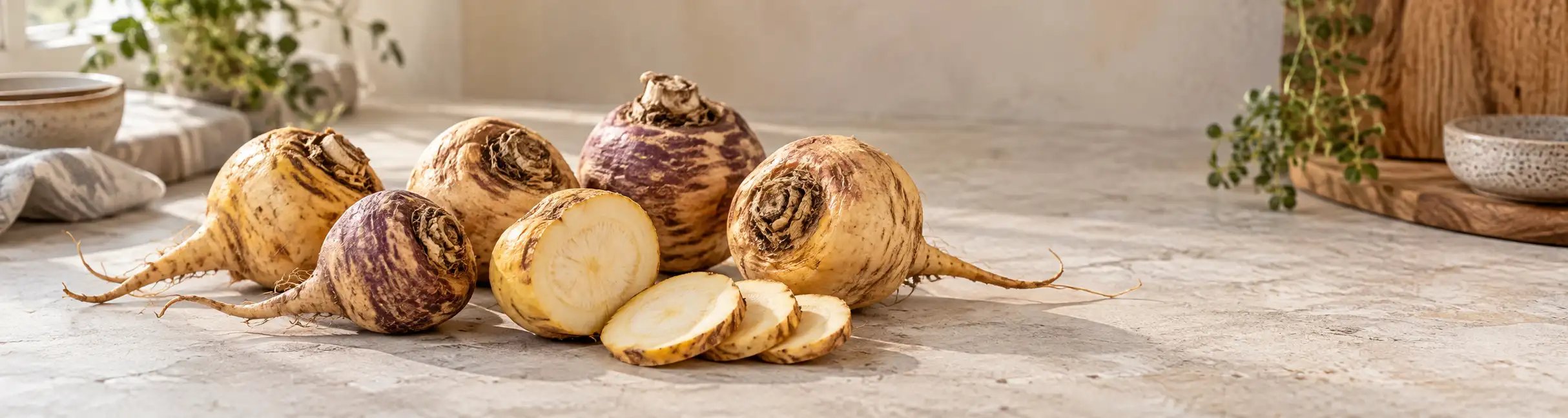Maca-Wurzeln und geschnittene Maca-Scheiben liegen auf einer hellen Küchenarbeitsfläche.