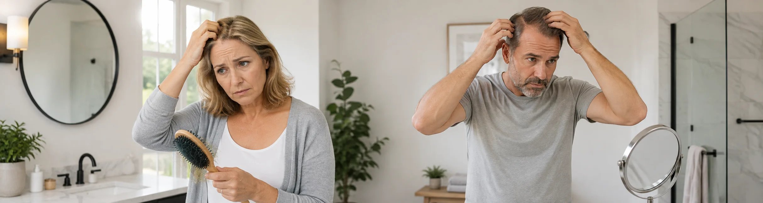 Frau und Mann prüfen besorgt ihre Haare im Badezimmer und bemerken möglichen Haarausfall.