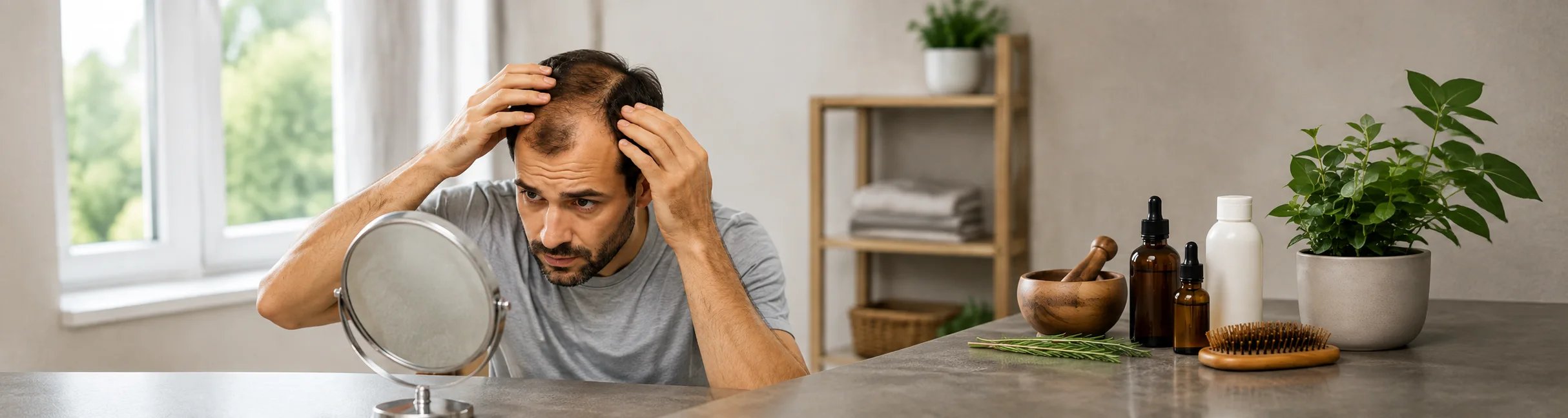 Mann untersucht besorgt seine lichter werdenden Haare im Spiegel, neben Pflegeprodukten und einer Haarbürste
