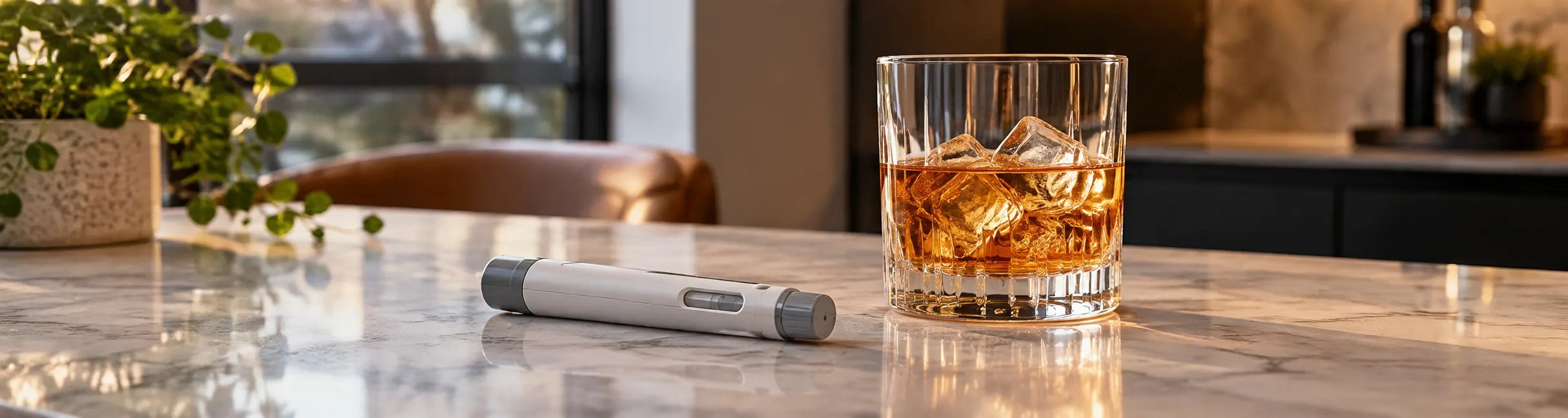 Injection pen lies next to a glass of whiskey with ice on a marble countertop.