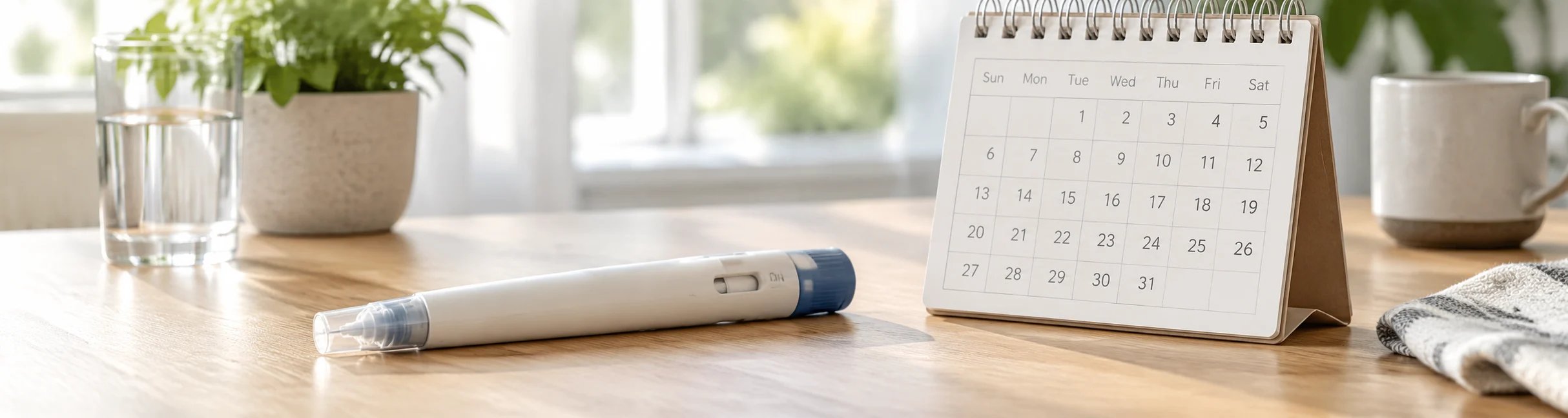 Injection pen lies next to a desktop calendar on a bright wooden table.