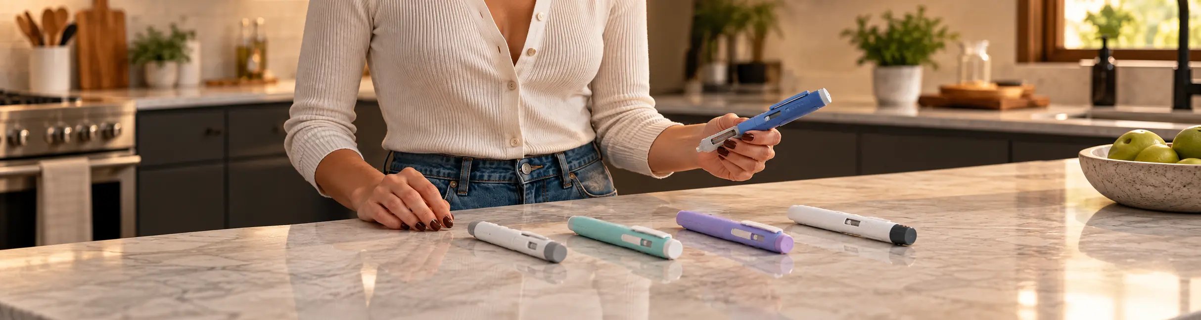 une femme choisissant parmi 5 stylos injecteurs