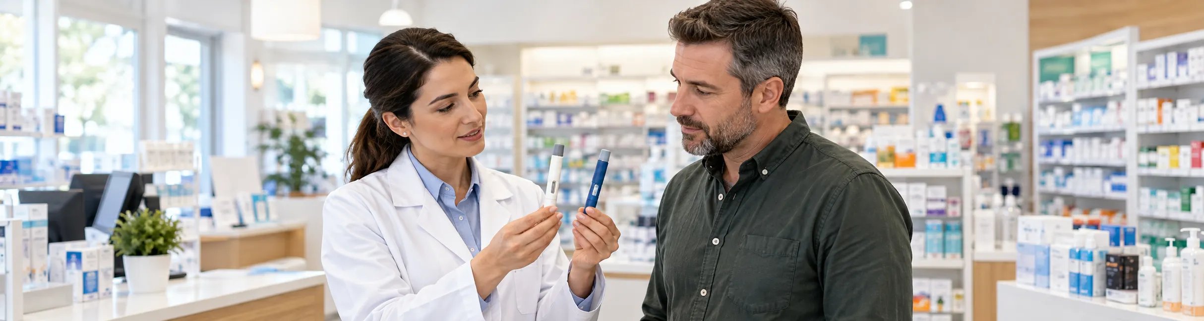 Pharmacist shows a man two different injection pens in a bright pharmacy.