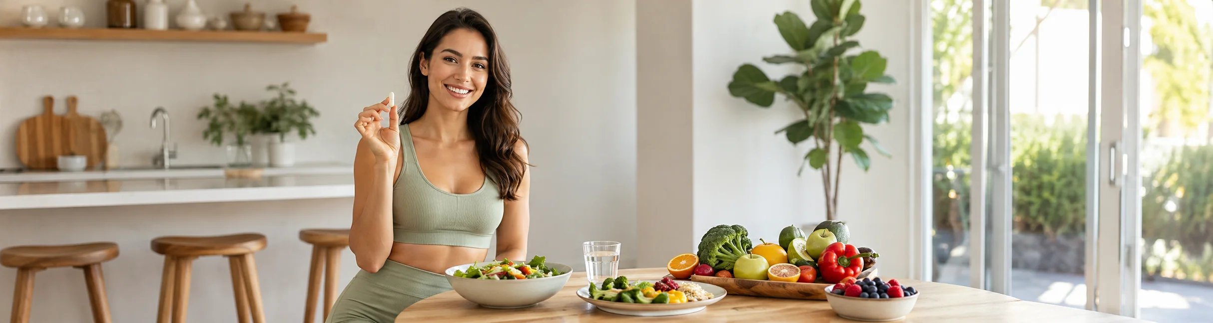 Uma mulher a comer de forma saudável na cozinha