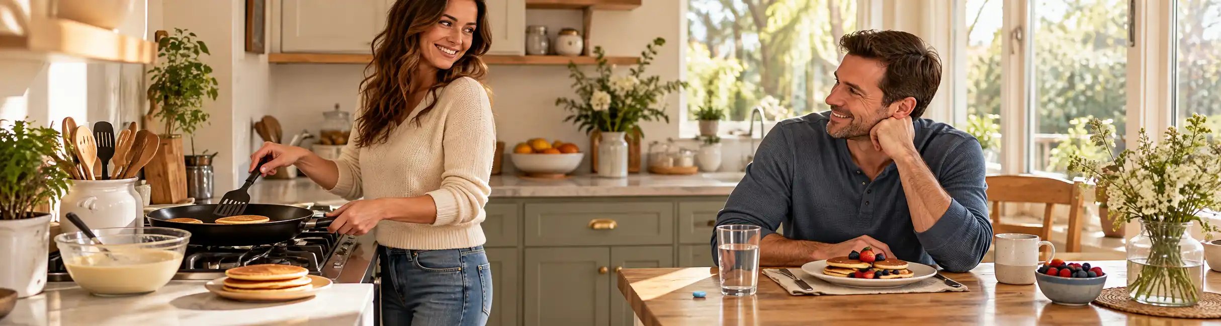 Frau backt Pfannkuchen für einen Mann, während ein Glas Wasser und eine blaue Tablette auf dem Tisch stehen.