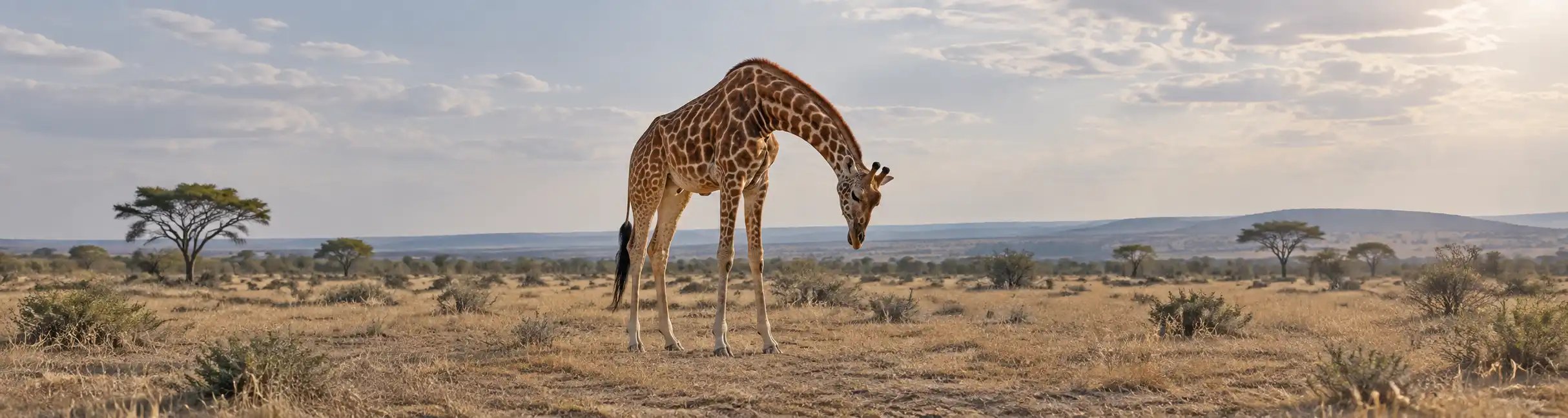 Sad giraffe with a drooping, loose-looking neck standing alone in a dry savanna landscape.