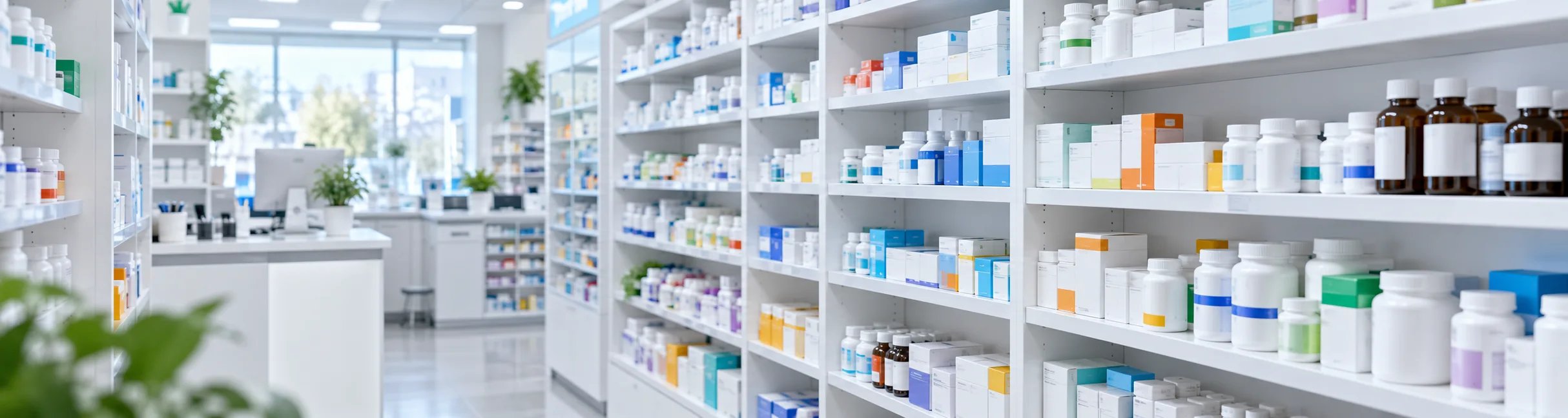 Étagères de pharmacie remplies de nombreux médicaments et boîtes de produits de santé