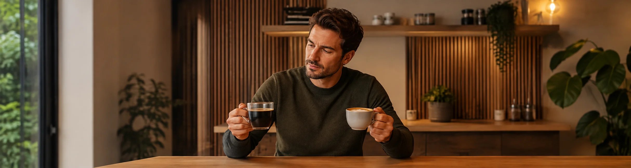 Mann wählt zwischen einem Americano und einem Cappuccino in einem Café