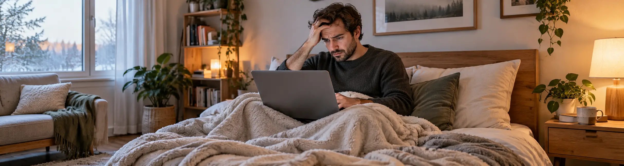 Gestresster Mann sitzt in eine Decke eingekuschelt im Bett und recherchiert auf einem Laptop.