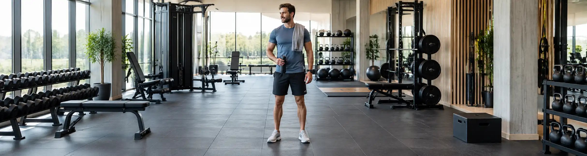 Sportlicher Mann steht mit einer Trinkflasche und einem Handtuch in einem modernen Fitnessstudio.