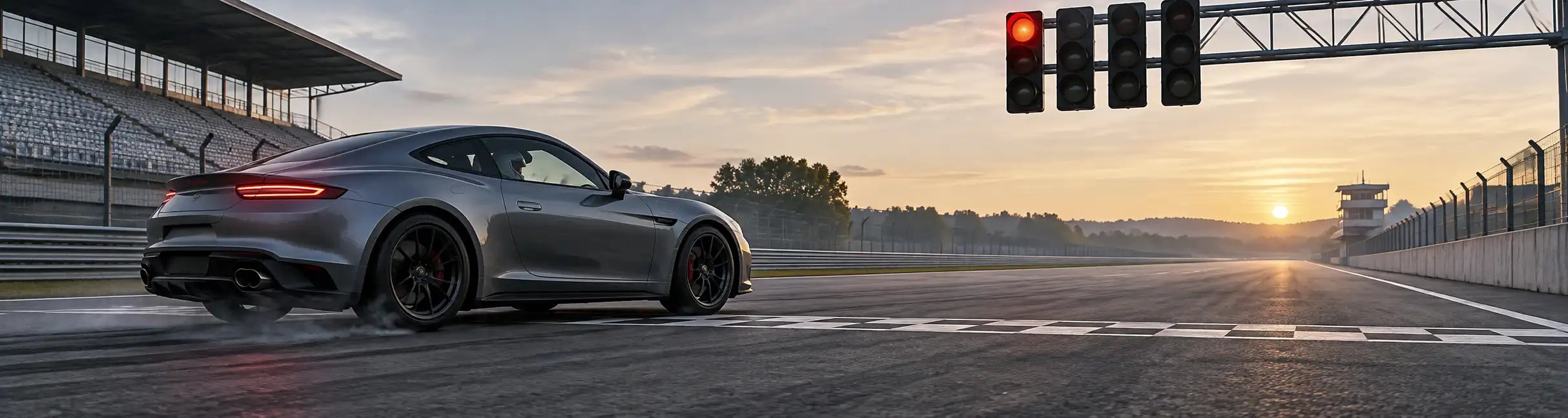 A sports car launches before the red starting light changes on an empty racetrack.