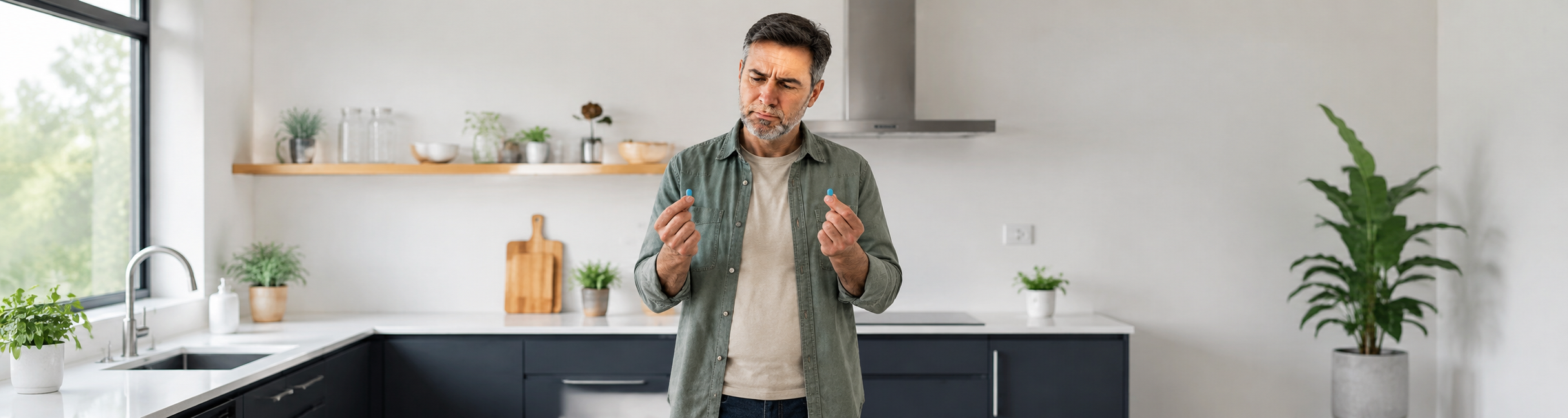 A man in the kitchen looking at 2 blue pills