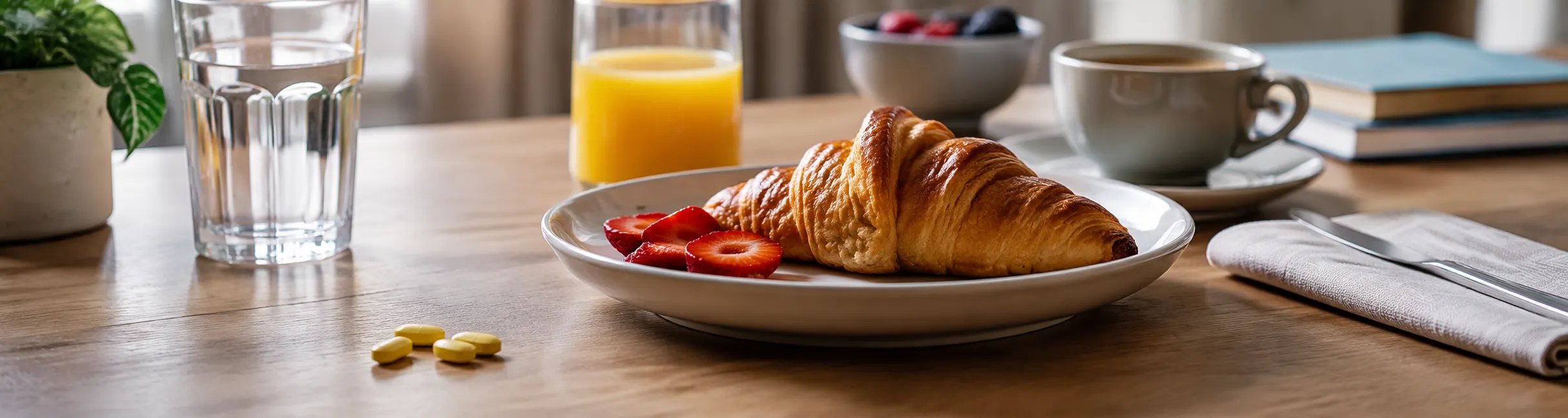 Comprimidos amarelos sobre a mesa ao lado de um pequeno-almoço com croissant, morangos, café, sumo e água