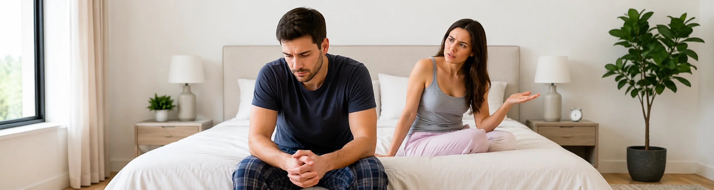 Un couple mécontent, assis sur le lit