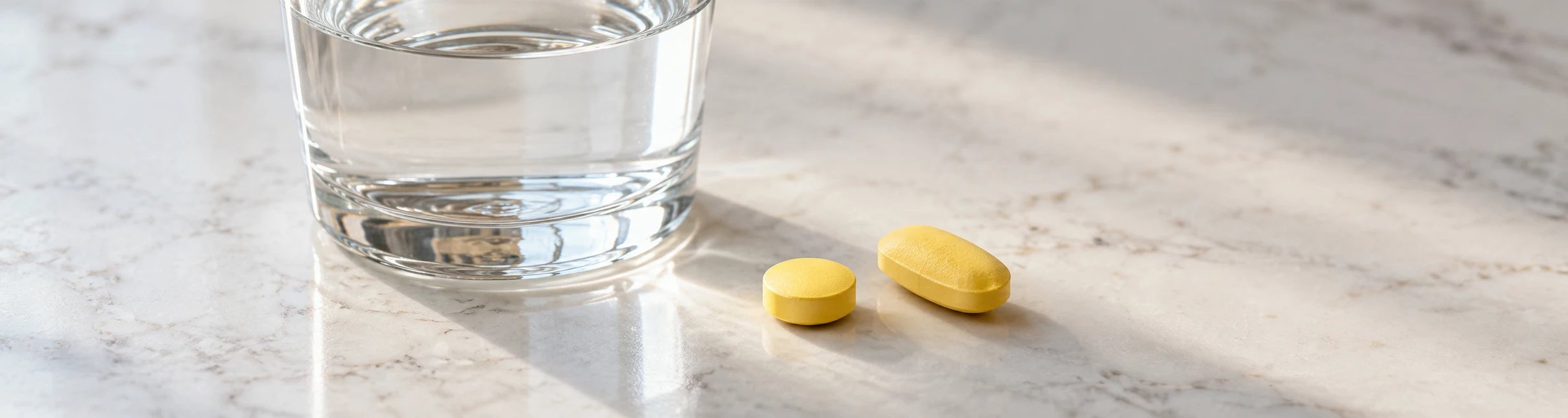 Two yellow tablets of different shapes lie next to a glass of water on a marble surface.