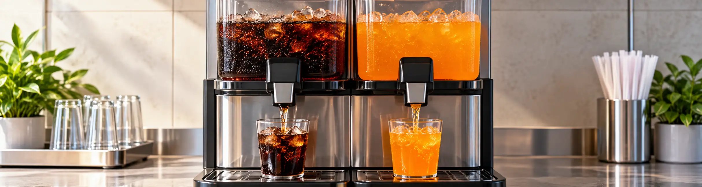Getränkespender mit zwei Optionen für dunkle und orangefarbene Limonade füllt zwei Gläser.