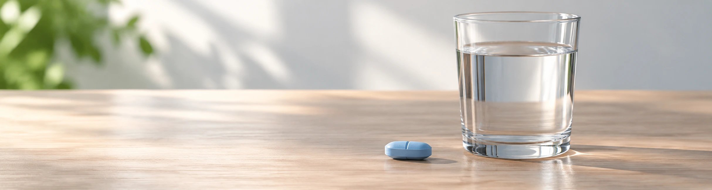 Blaue Potenztablette liegt neben einem Glas Wasser auf einem hellen Holztisch.