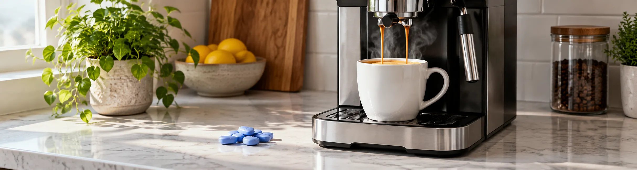 Kaffeemaschine bereitet Kaffee zu, daneben liegt ein kleiner Stapel blauer Tabletten auf der Küchenarbeitsfläche.