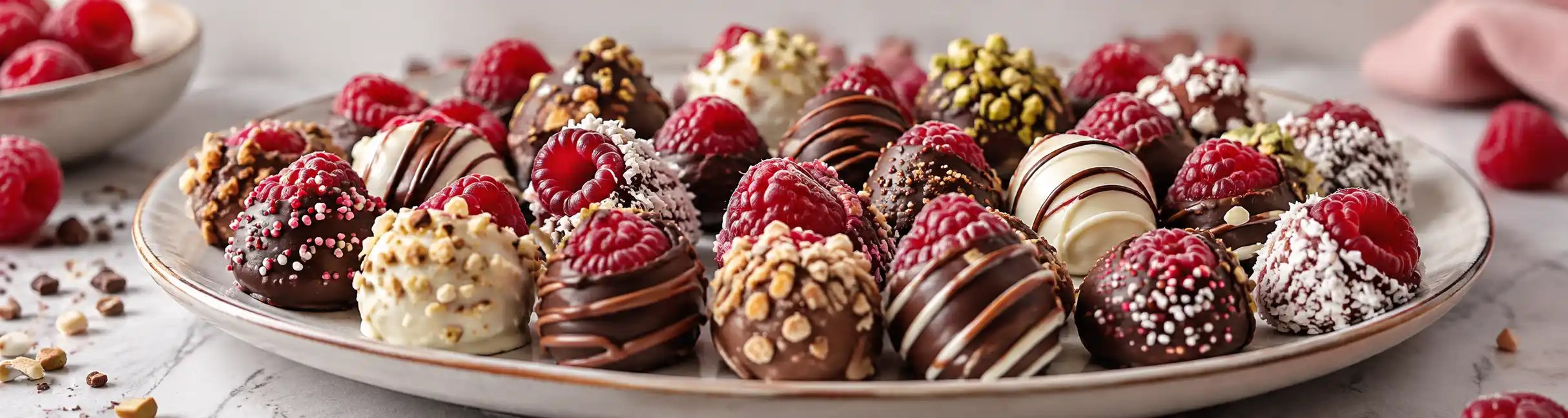 Himbeeren mit verschiedenen Schokoladenüberzügen und Toppings liegen auf einem Teller.