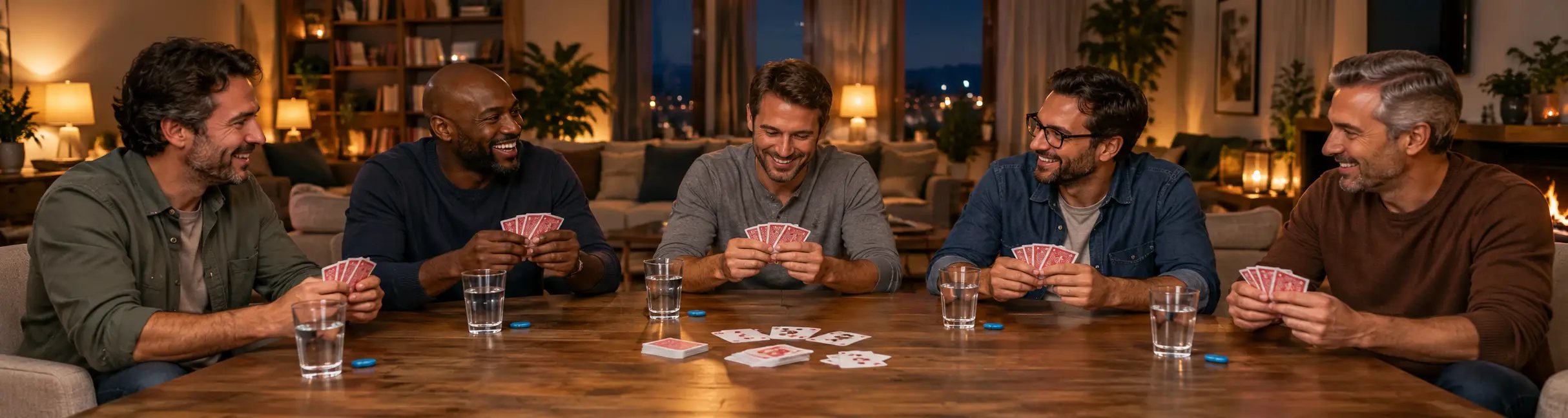 Fünf Männer sitzen an einem Tisch, spielen Karten und haben jeweils ein Glas Wasser mit einer blauen Pille daneben.