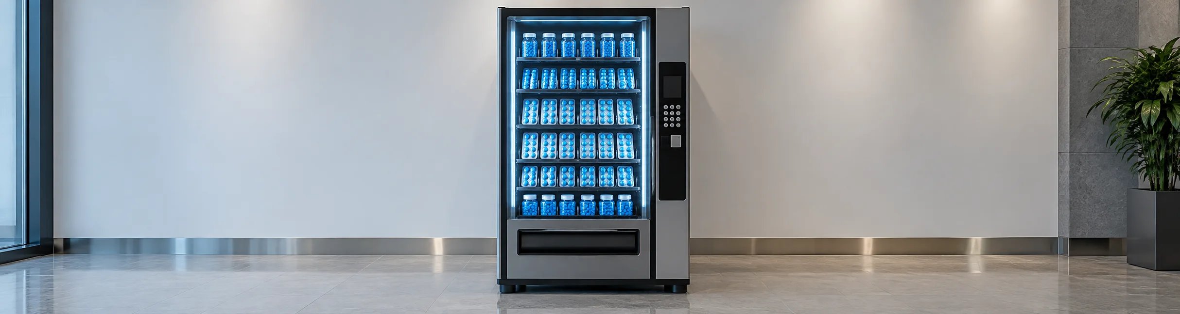 Automat gibt ausschließlich blaue Tabletten aus und steht in einem modernen Innenraum.