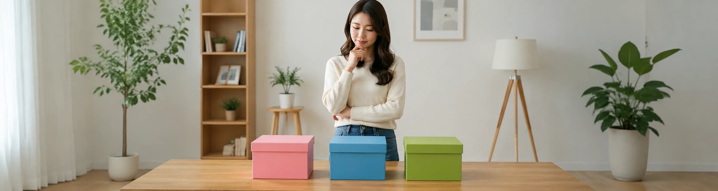 woman choosing between 3 boxes