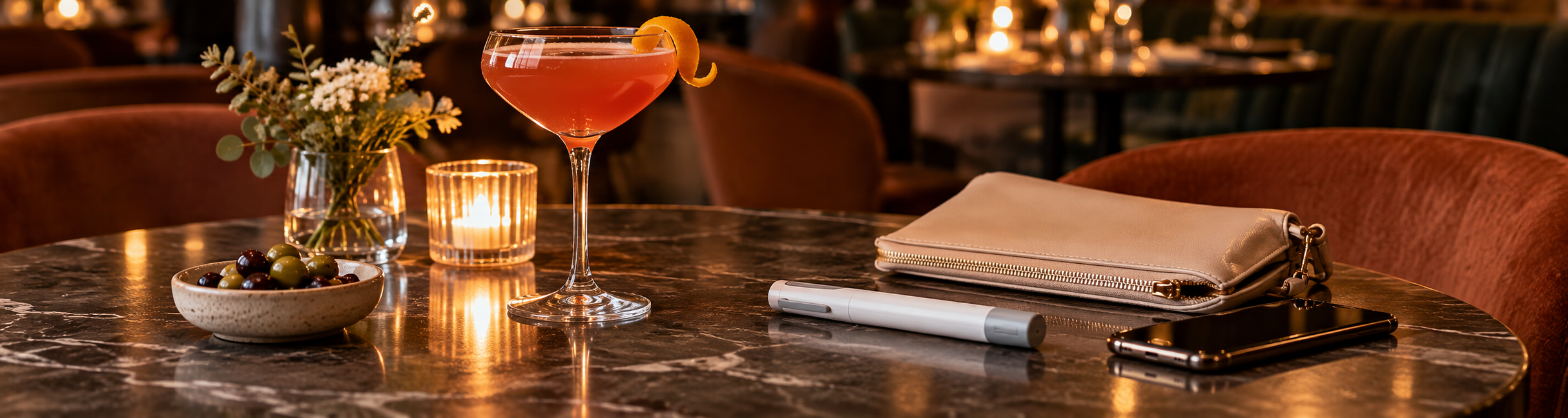 Cocktail glass and injection pen sit on a candlelit restaurant table beside a purse and phone.