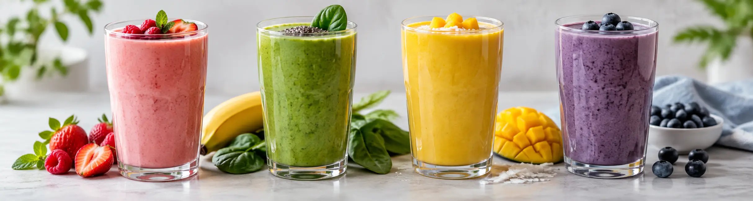 Fyra färgglada smoothies i olika smaker står på ett bord med färsk frukt och gröna ingredienser.