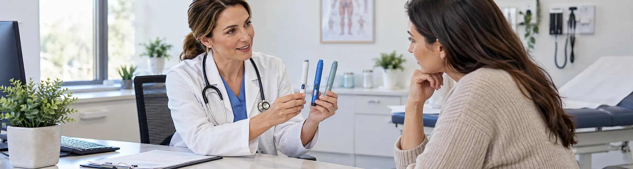 doctor showing 3 injection pens to the patient