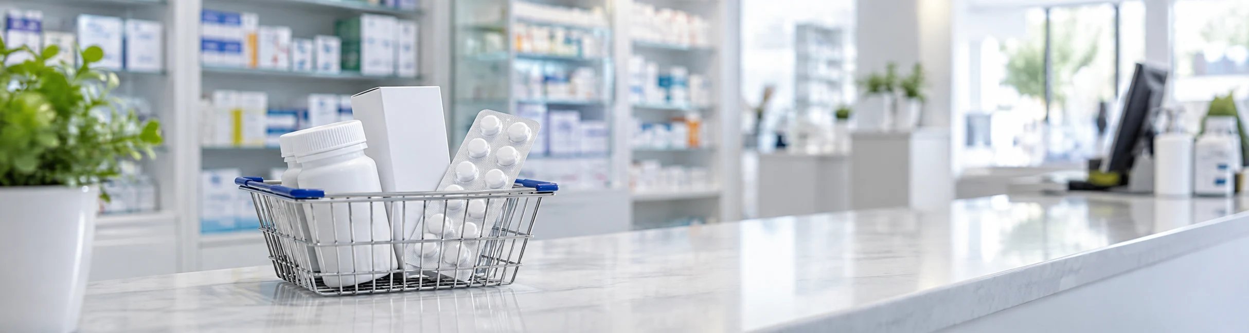 Einkaufskorb mit weißer Medikamentenflasche, Pillenblister und weißer Schachtel auf einem Apothekentresen.