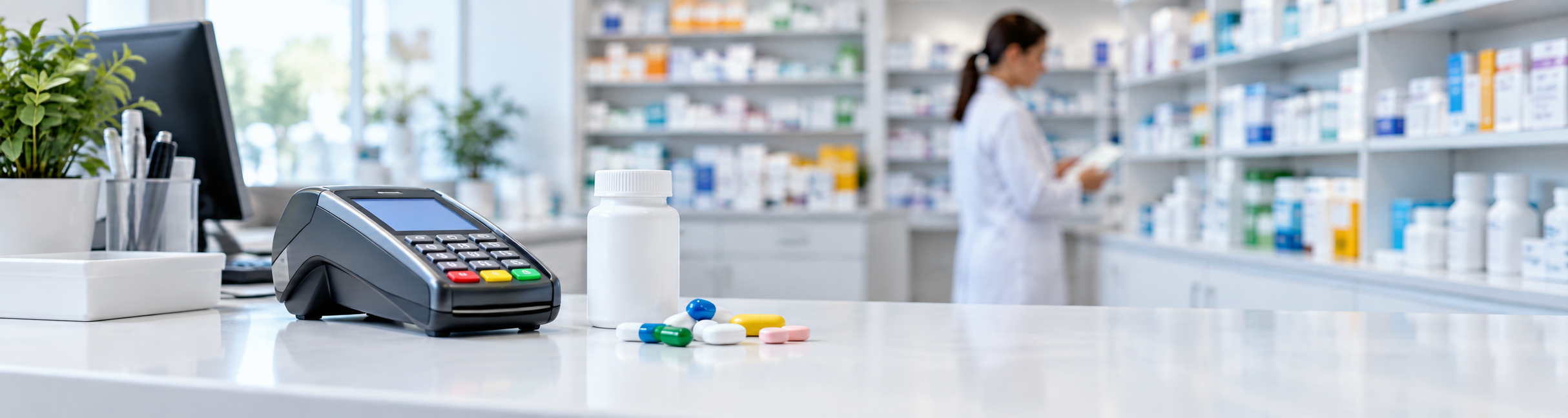illen und eine Medikamentenflasche liegen neben einem Kartenterminal auf einem Apothekentresen.