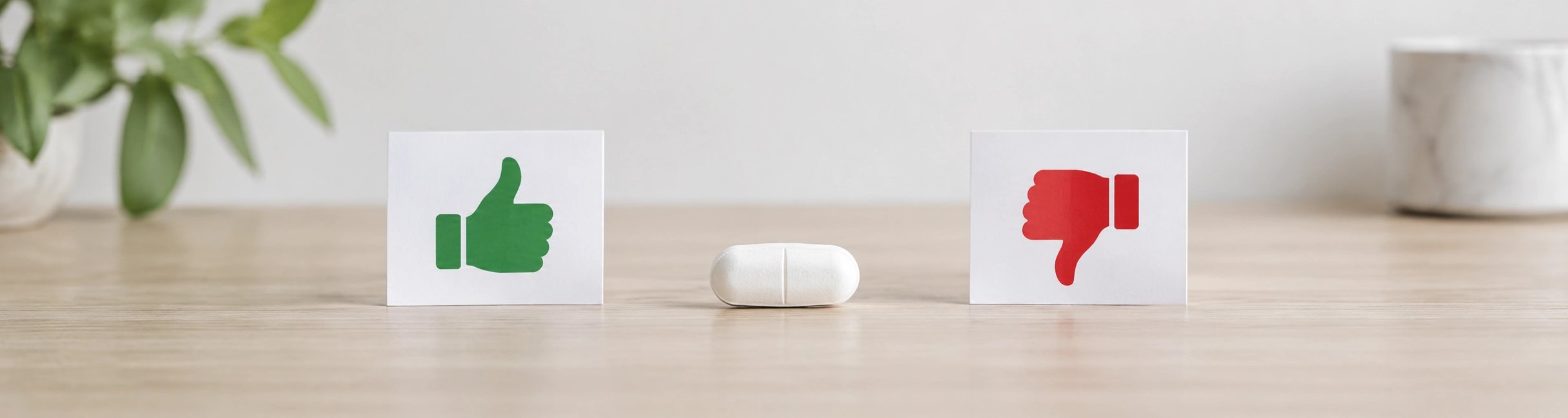 Weiße Pille liegt zwischen einer Karte mit Daumen hoch und einer Karte mit Daumen runter.
