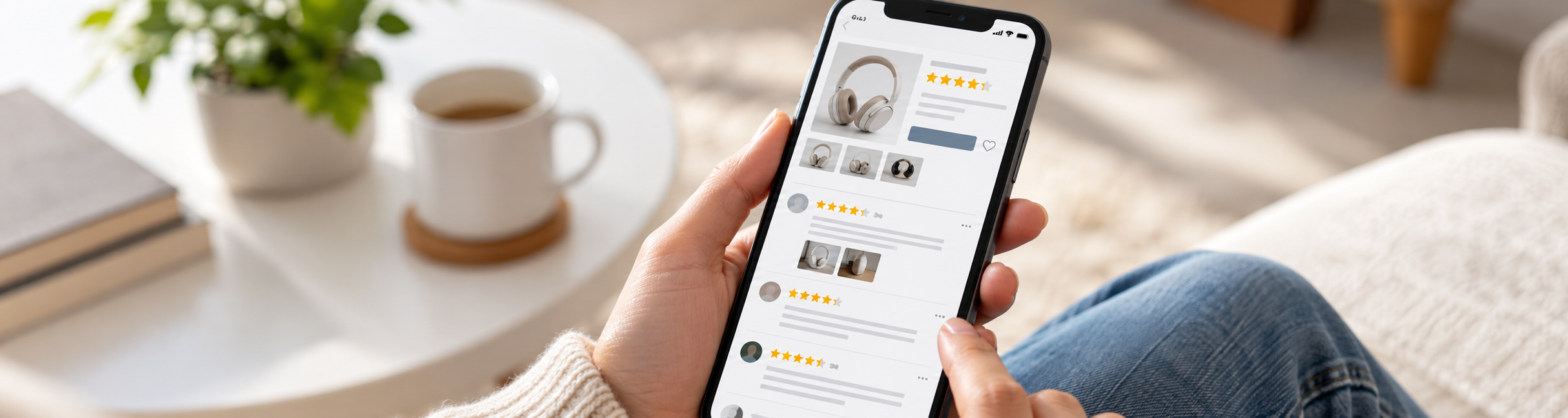 Écran de smartphone affichant des avis produits avec des étoiles, sans marque ni nom visible.