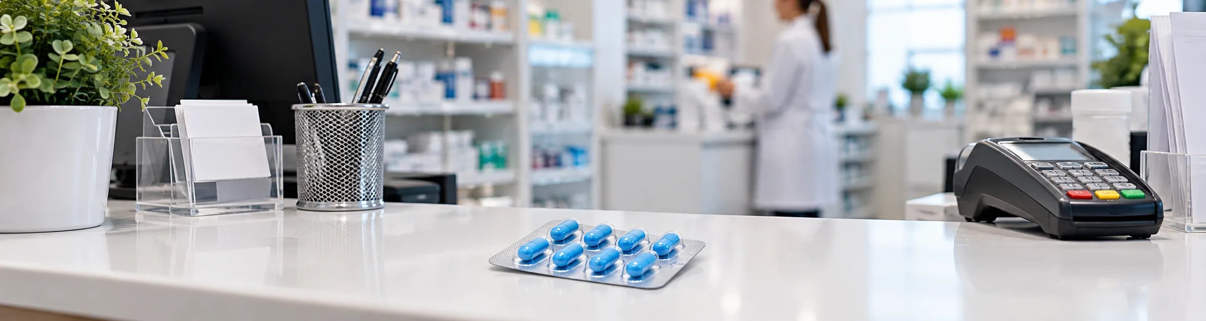 Blisterpackung mit blauen Kapseln liegt auf einem Apothekentresen neben einem Kartenterminal.