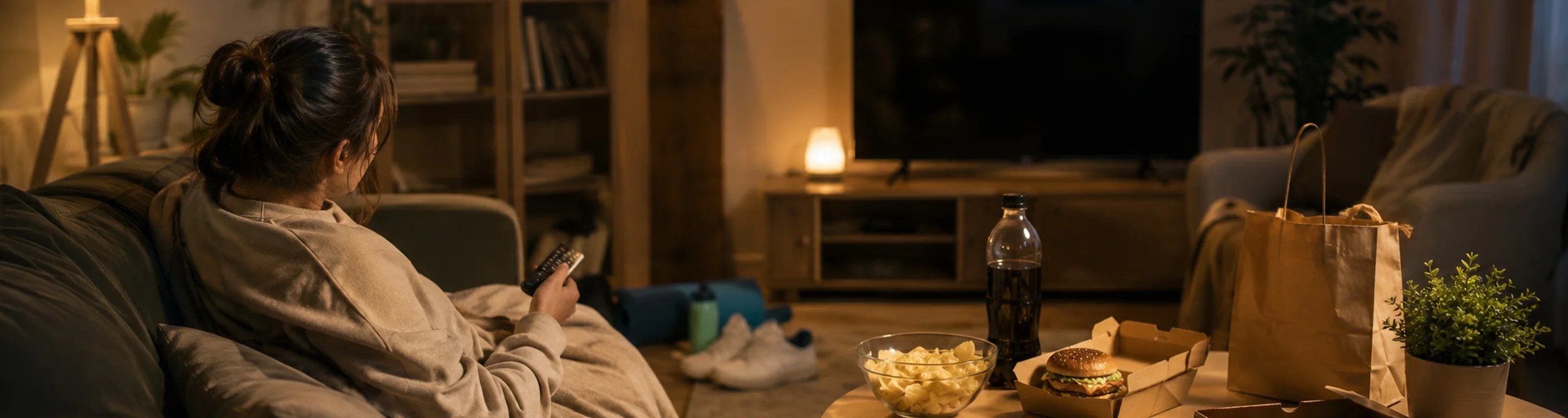 A woman lounging with snacks on the table