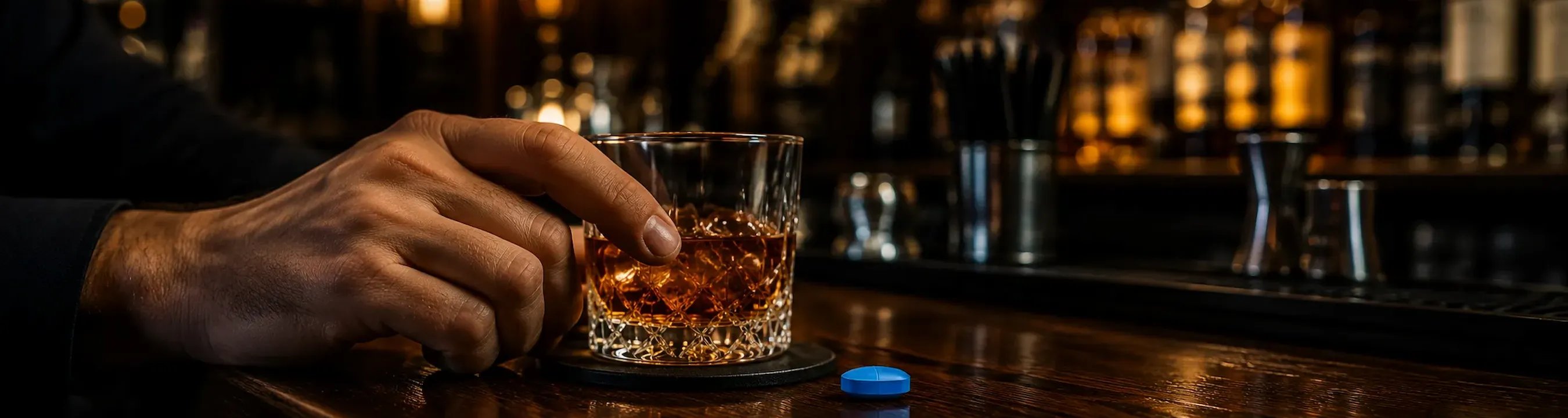A man with a glass of whiskey and a blue pill at a bar