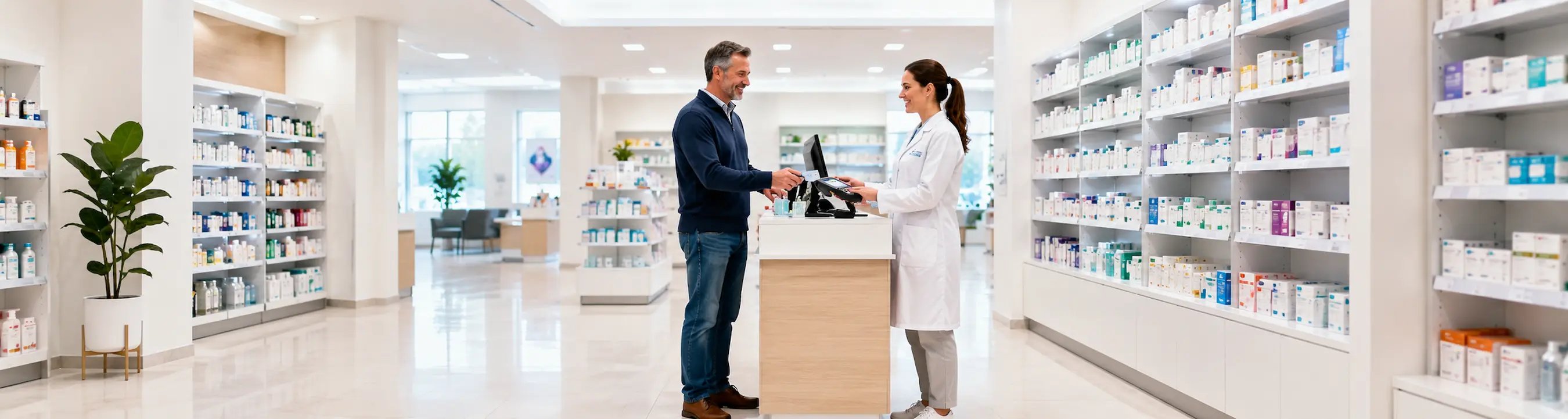 Mann bezahlt mit Karte in einer hellen Apotheke
