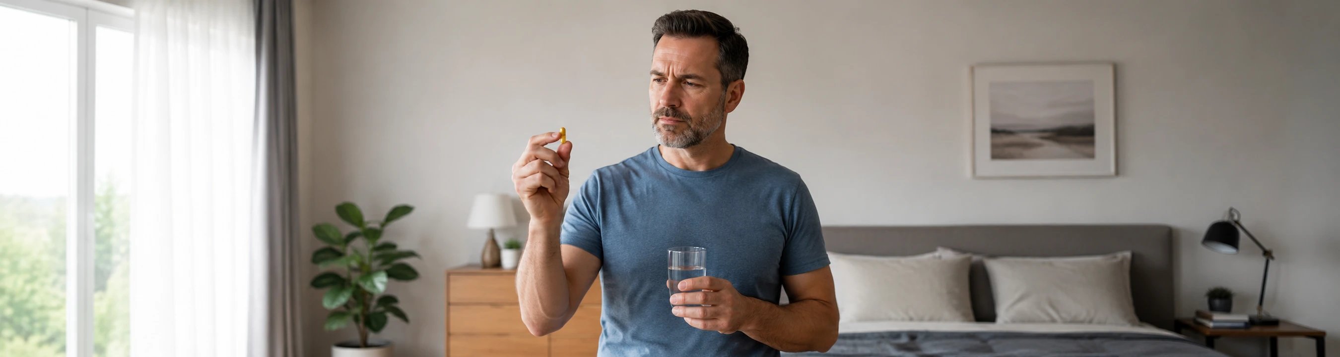 Un homme tenant un comprimé jaune et un verre d'eau
