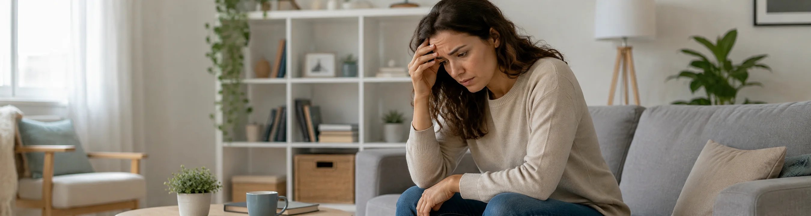 En kvinna som sitter och ser stressad ut
