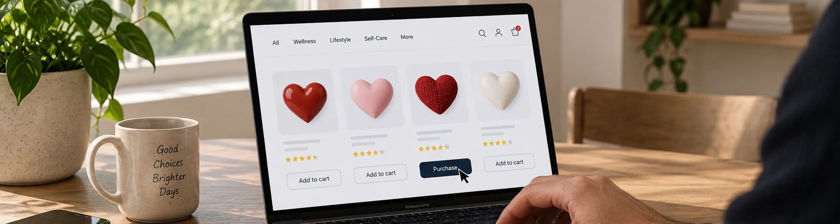 Laptop zeigt einen Online-Shop mit Herzsymbolen, während ein Cursor auf die Schaltfläche „Purchase“ zeigt.