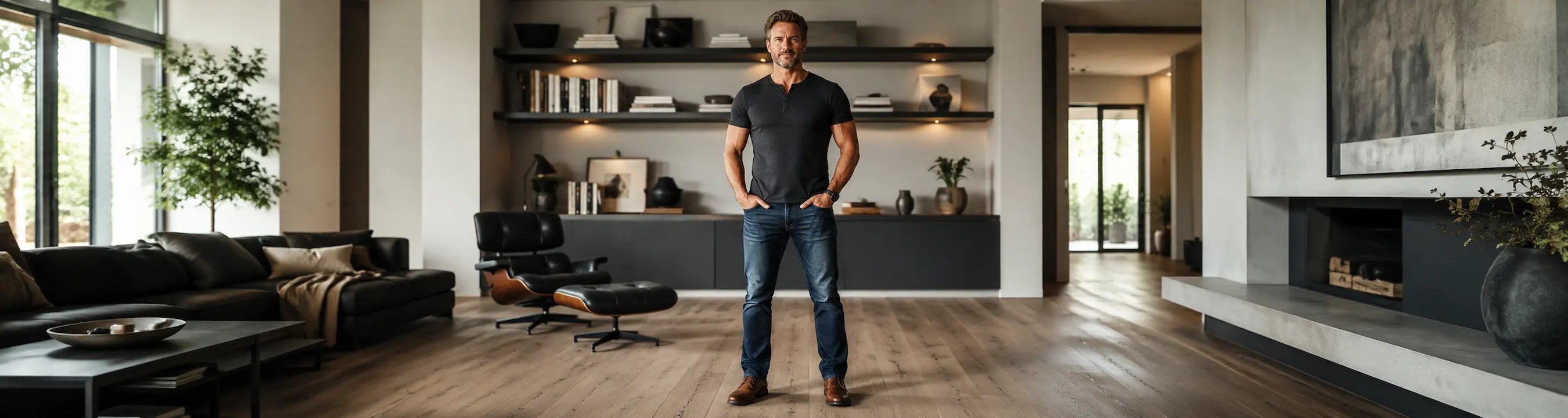  Ein Mann, der im Wohnzimmer steht