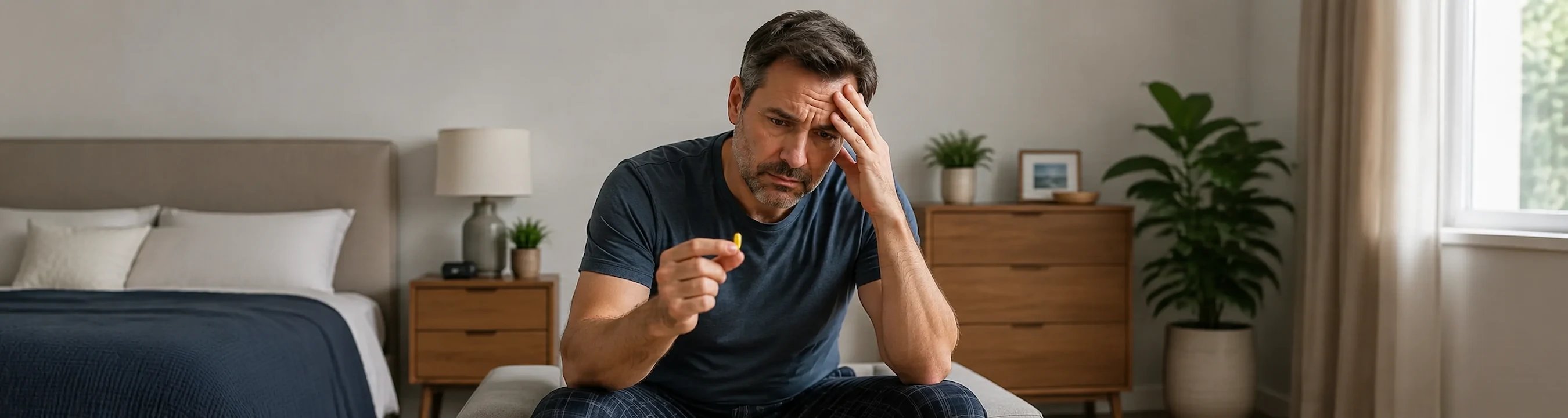 Ein gestresster Mann, der eine gelbe Tablette betrachtet