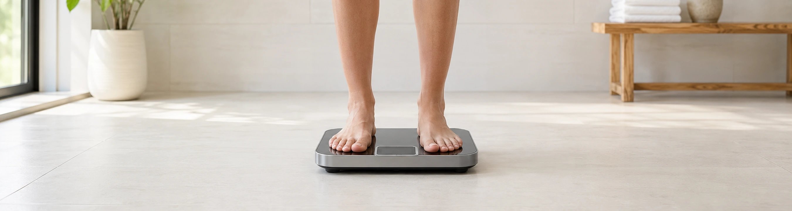 Legs standing on a bathroom scale