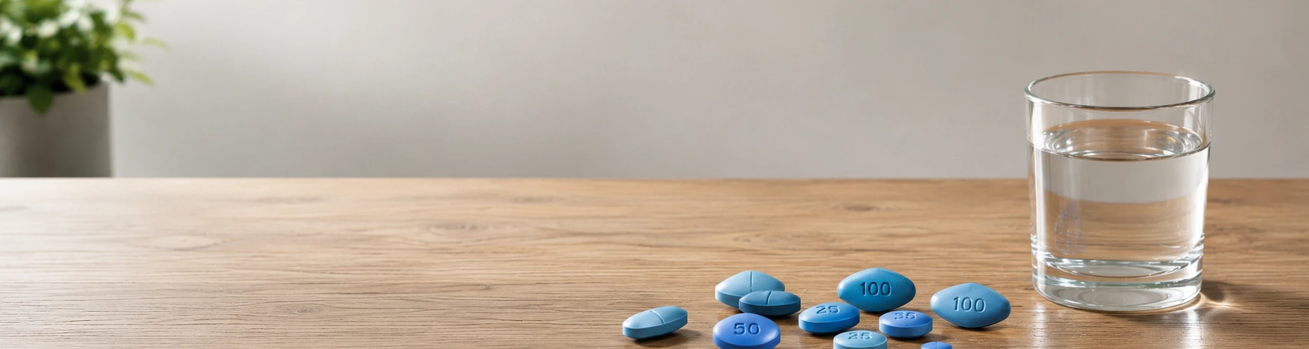 Verschiedene blaue Tabletten auf dem Tisch neben dem Wasserglas