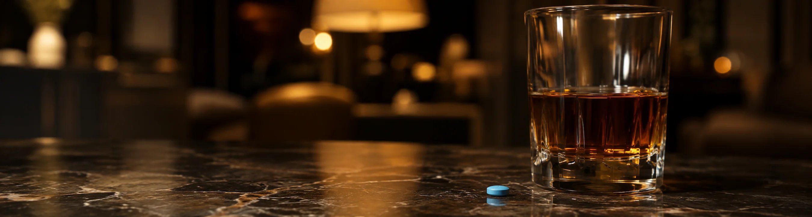 Blaue Pille und Whiskyglas auf dem Tisch