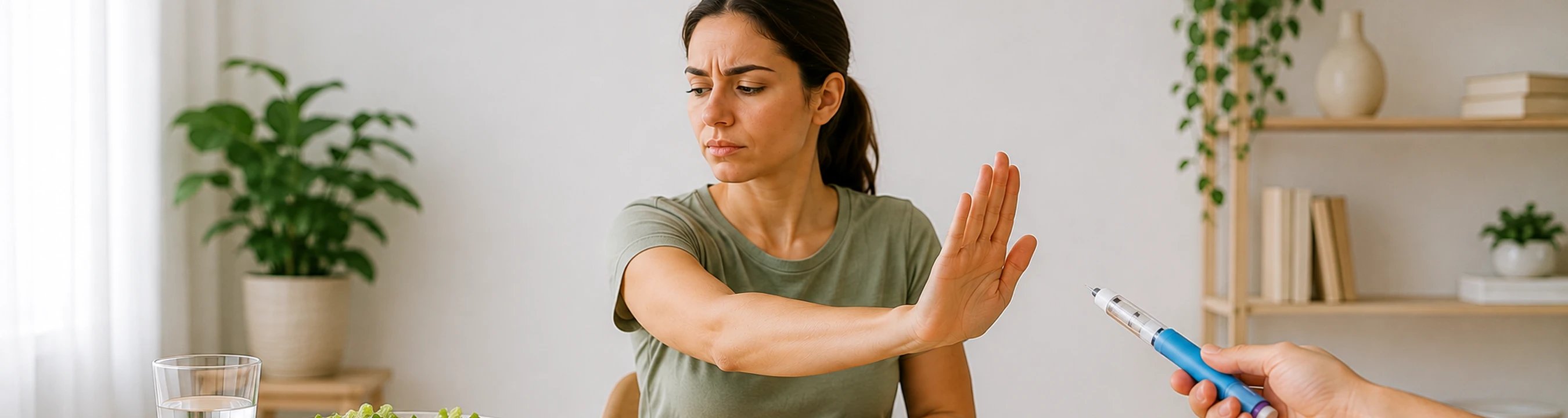 A woman declining an injection pen