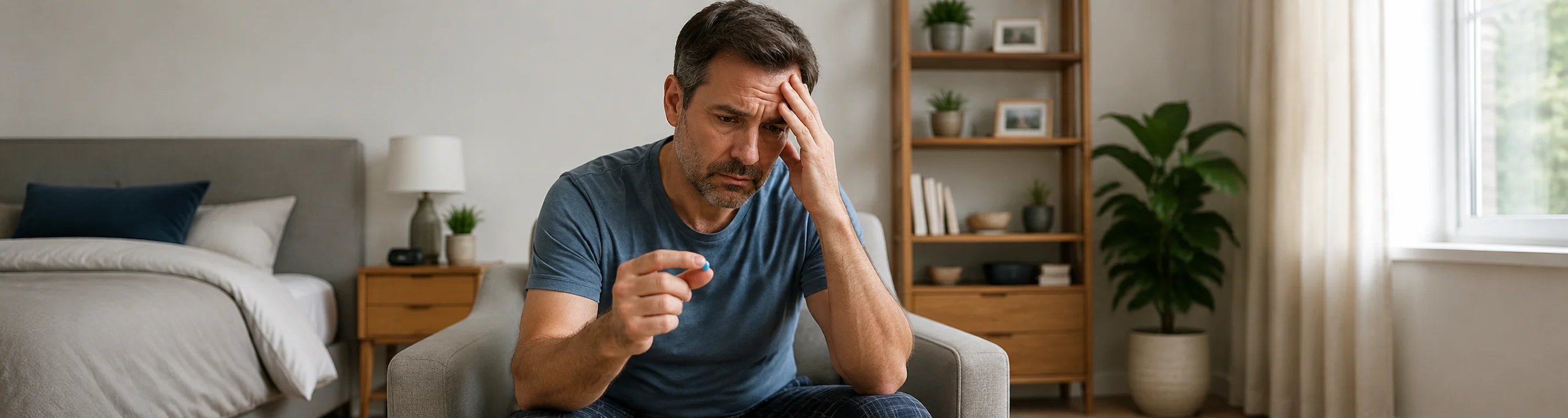 Um homem sentado, com ar tenso, a segurar um comprimido azul