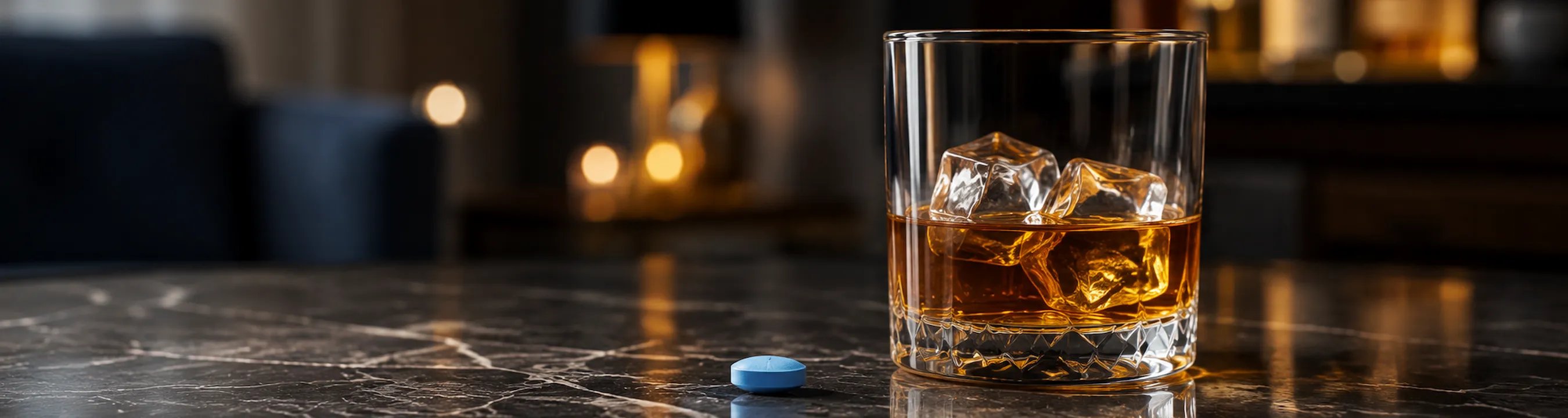 En blå tablett bredvid ett whiskyglas på bordet