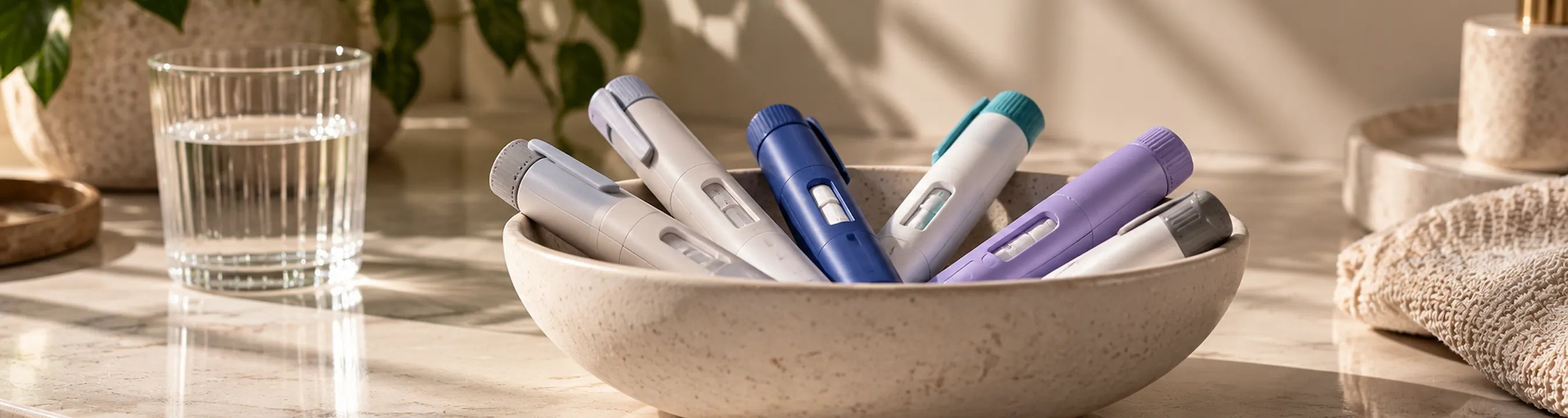 A ceramic bowl filled with colorful injection pens sits on a marble countertop next to a glass of water.