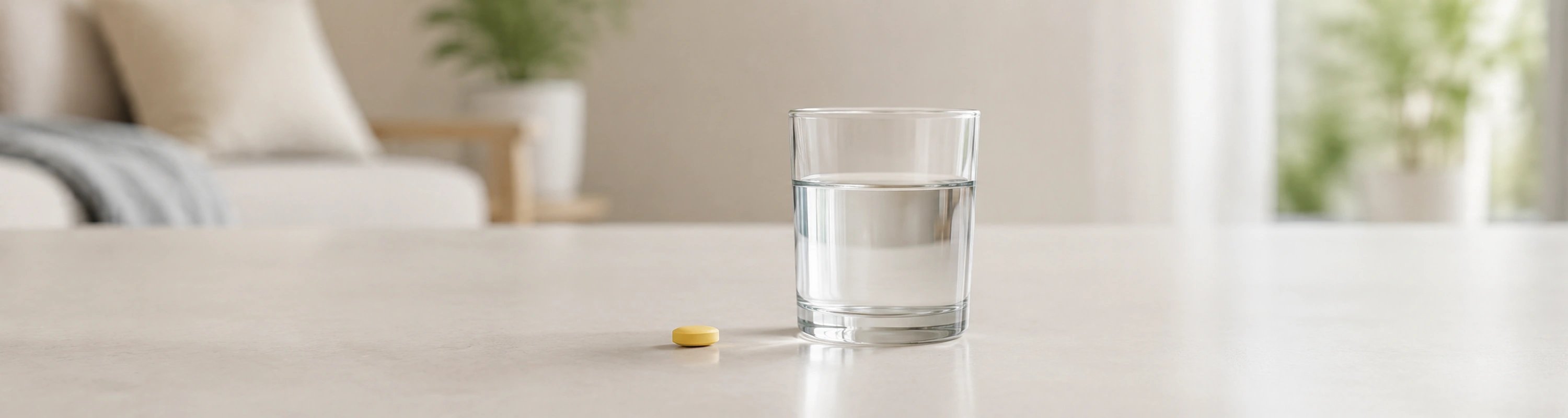 eine gelbe Tablette und ein Glas Wasser auf dem Tisch